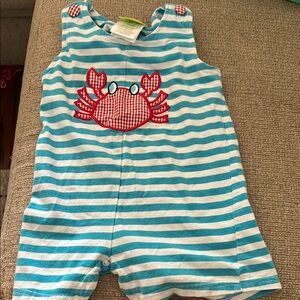 Blue and White Striped Bodysuit with Nautical Crab Design